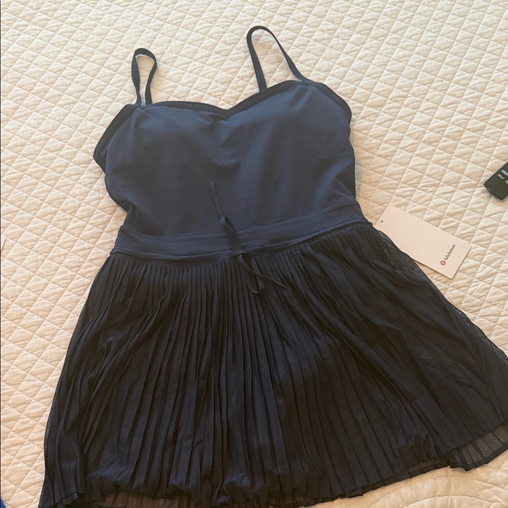 Navy Pleated Fit & Flare Spaghetti Strap Dress